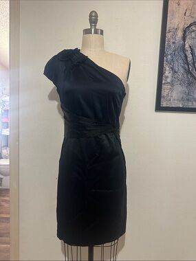 Elie Tahari One-Shoulder Black Satin Cocktail Dress